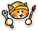 orange cat equipped with construction helmet, wrench and paintbrush