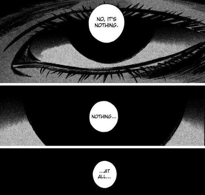 [image of a manga excerpt in three panels. each panel is progressively zooming into the pupil of an eye, with the captions: (1) 'no, it's nothing.' (2) 'nothing…' (3) '…at all…']